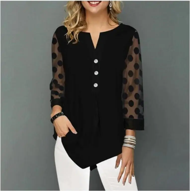 

Women Shirt Blouse Solid Black Tops V-Neck Button Splice Mesh Nine Points Sleeve Spring Summer Casual Loose Plus Size 5XL Shirt