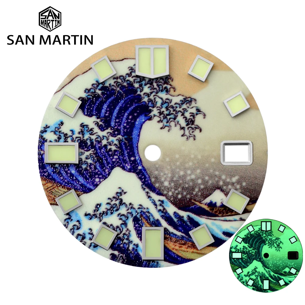 

San Martin Kanagawa серфинг циферблат 28,5 мм 3D печать Полный световой Дата Окно подходит для NH35/36 4R/6R/7S движения