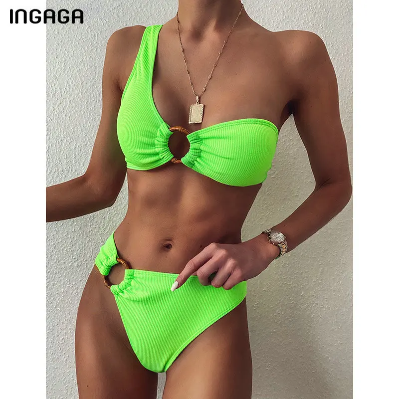 INGAGA One Shoulder Bikini Women's Swimsuit High Waist Swimwear Sexy Rings Biquini Black Ribbed Beachwear 2021 Brazilian Bikinis