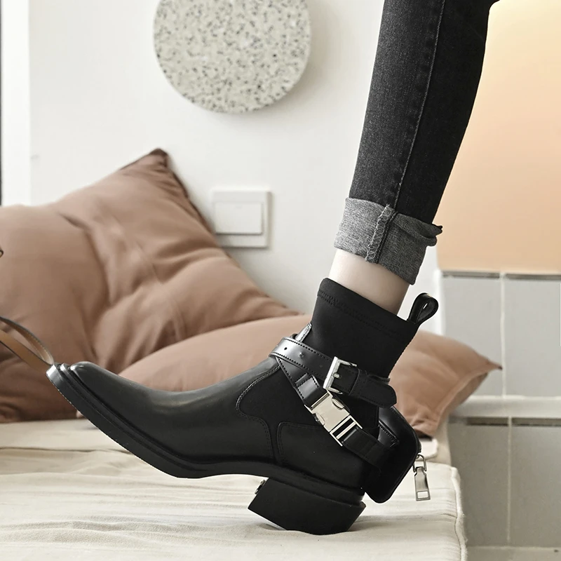 

Drestrive Women Ankle Boots Cow Leather Mid Heels 5 cm Black Shoe Bag Buckle Patchwork Stretch 2020 Winter Shoes Square Toe