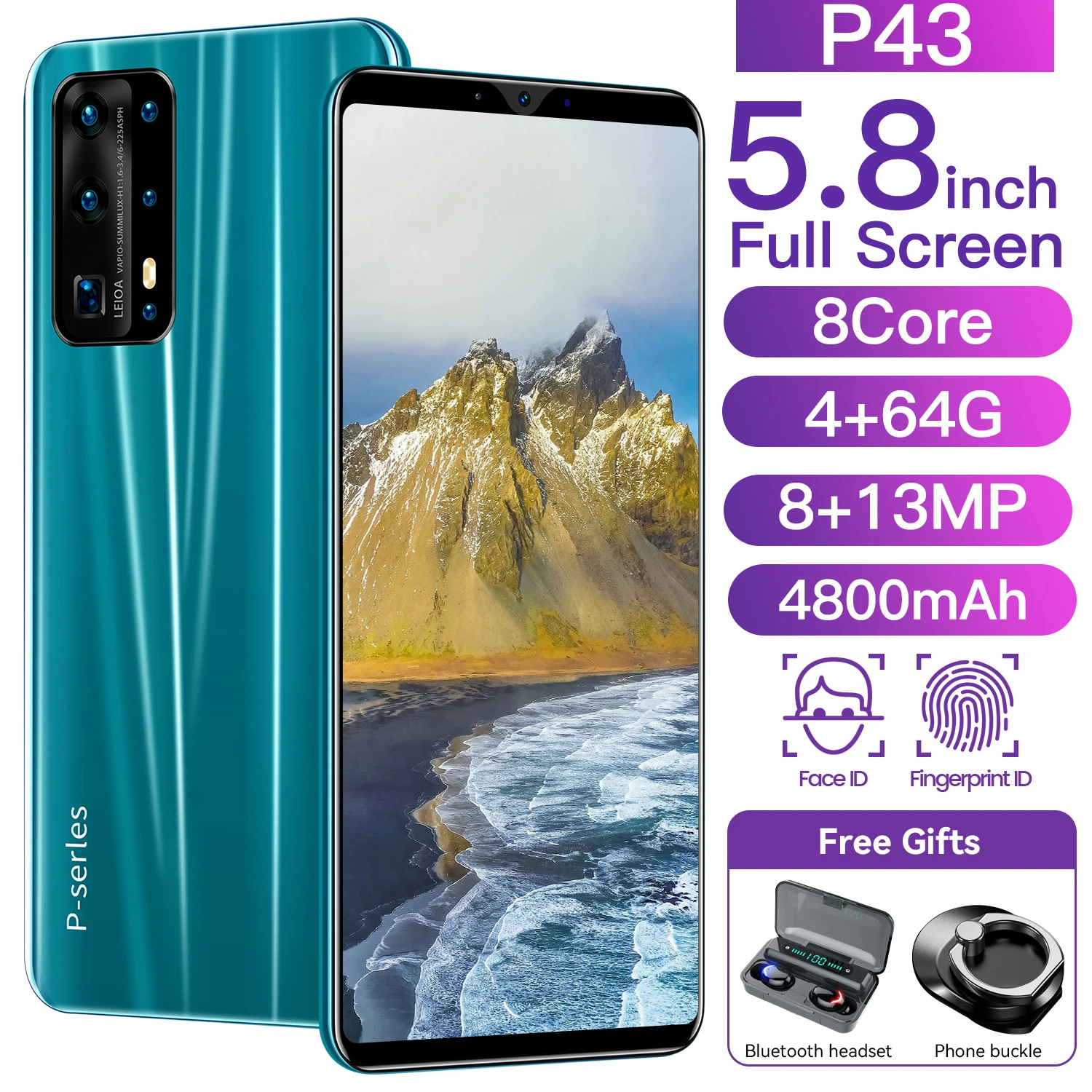 

Smartphone 5.8-inch P43 Full Screen Android 8 Core Smart Phone 4+64GB 4800mAh Battery Support Google Play GPS Internet Phone
