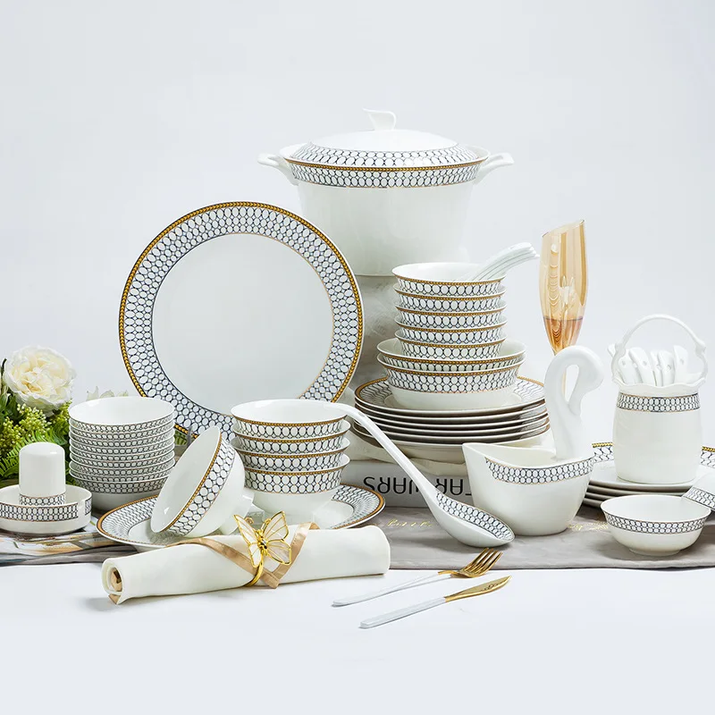 

Набор керамической посуды Jingdezhen, домашний высококачественный фарфоровый набор из костяного фарфора в Европейском стиле, ручной подарок, 60 ...