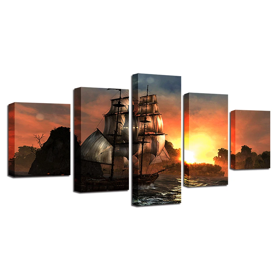 

Wall Art Painting Modular Pictures 5 panel sailing lake sunset landscape HD Printed Canvas Poster Frame Home Decor Living Room