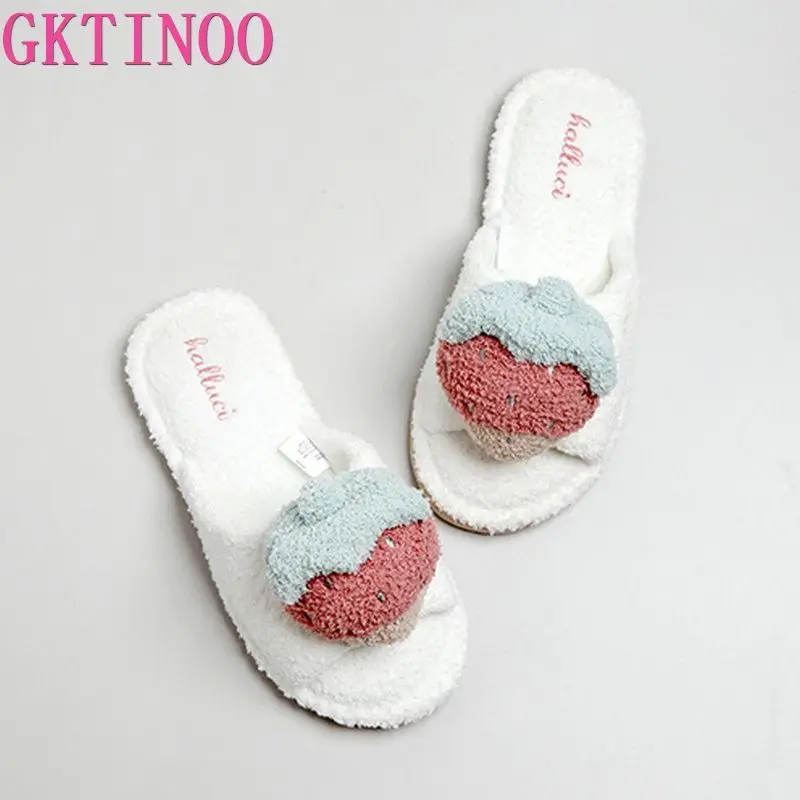 

GKTINOO Autumn and winter girl heart cute stereo strawberry soft bottom mute indoor floor cotton women slippers adult girl shoes