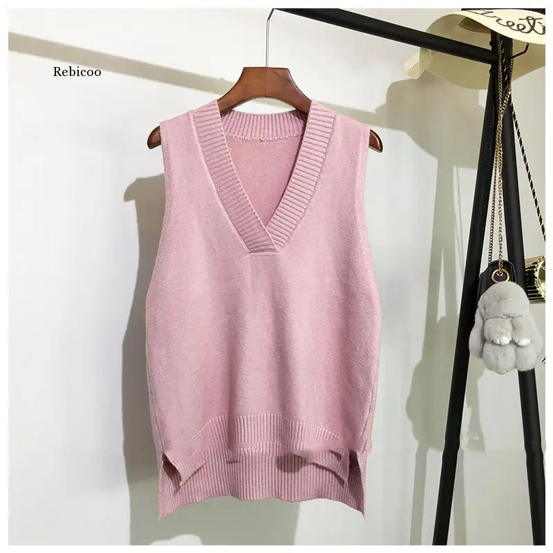 

Knitwear Sweater Vest Women Sleeveless V-Neck Soild Autumn and Winter New Korean Loose Wild Casual Pink Knitted Women's Jumper