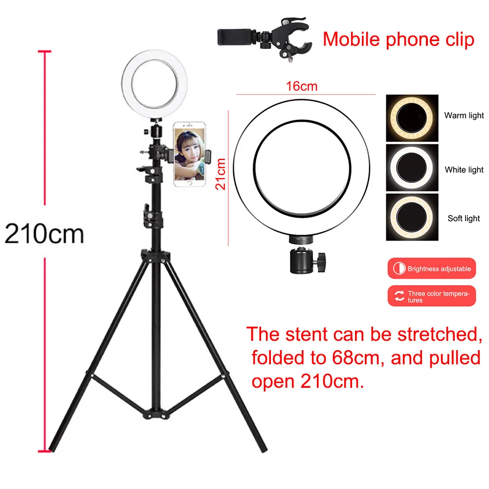 210cm tripod kit (A) Затемняемый Светодиодный кольцевой светильник 16 см 5 Вт фотостудия камера кольцевая лампа заполняющая свет для видео Live Youtube макияж селфи с штативом - Цвет: 210cm tripod kit (A)