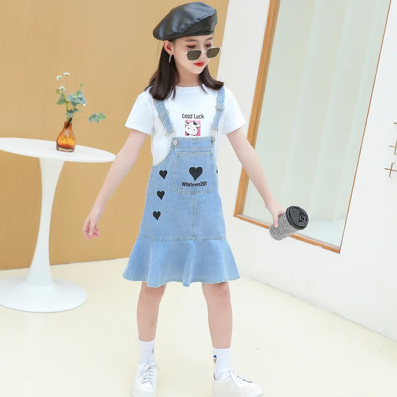 

Ciaoxlinyoung New Teen Girl 2PCS/Set Printed Short-sleeve Letter Cartoon T-shirt+Denim Overalls Skirt Style for 3-15 Years Old