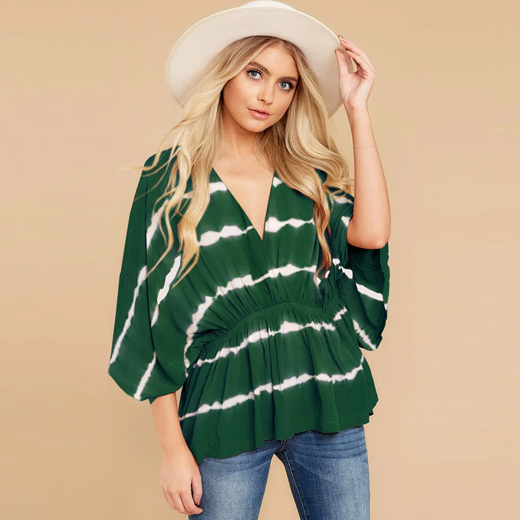 

CHAMSGEND Blouses Tops Women Casual Gradient Print Ladies Office Tunic Tops Buttons Trumpet Sleeve Blouse Women Shirt BlusasF714