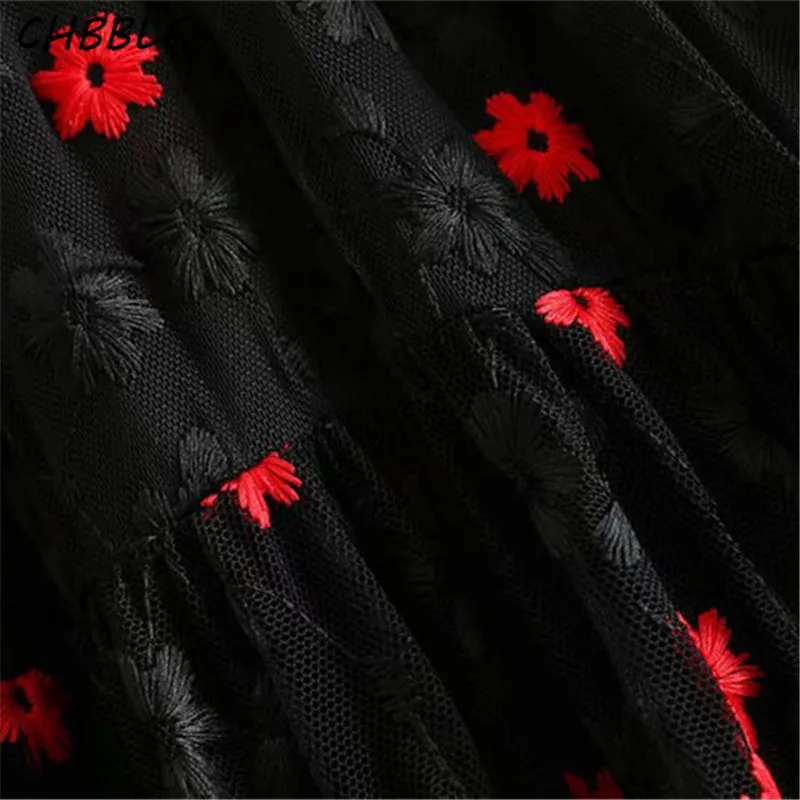 Женский стильный комплект из двух предметов, платье-миди с вышивкой, O-образный вырез, длинные рукава, повседневное черное шикарное платье, модель CDC9390.