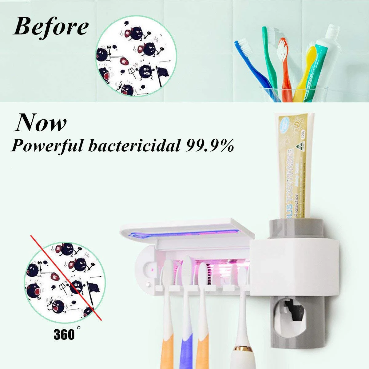 

Wall Mounted 2 in 1 Toothbrush Holder Toothpaste Dispenser with 5 UV Toothbrush Sterilizer Slots for Kids and Adults