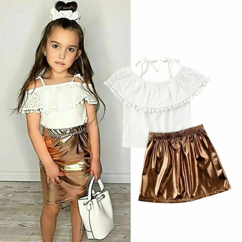 

Летняя одежда для маленьких девочек, кружевные топы с оборками и кисточками, рубашка на завязках, кожаная юбка, наряды, От 0 до 3 лет