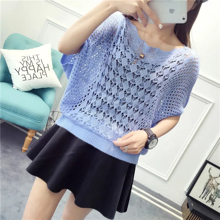 

2021 summer Korean hollow knit women's pullover sweater thin large size mesh cover sunscreen loose bat shirt