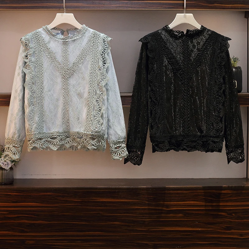 L-4XL размера плюс, Женская кружевная блузка, зима, модные кружевные вязанные крючком Лоскутные с длинным рукавом, утолщенные элегантные рубашки, женские топы