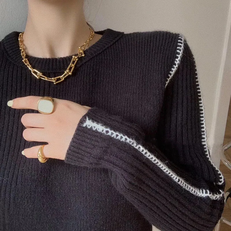 

HARLEYFASHION Minimalism Temperament Spliced Knitted Pullover Women Fashion Loose Comfortable And Soft Versatile Sweater