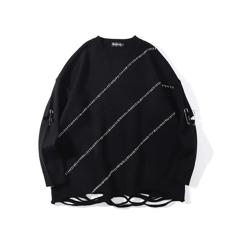 Men Cross Oversize Fall Striped Pullover Sweaters Line Neck High Lower Retro Street Slashes Casual Vibe Couple Sweater Clothes