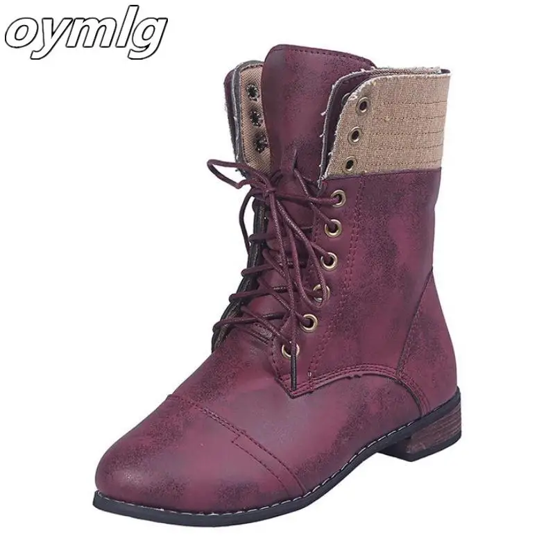 

New shoes women booties lace up vintage martin boots autumn winter pu leather platform western ankle boots ladies zapatos mujer
