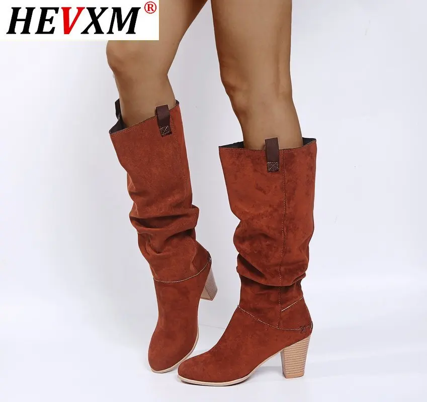 Женские сапоги выше колена из искусственной замши высокие с острым носком на