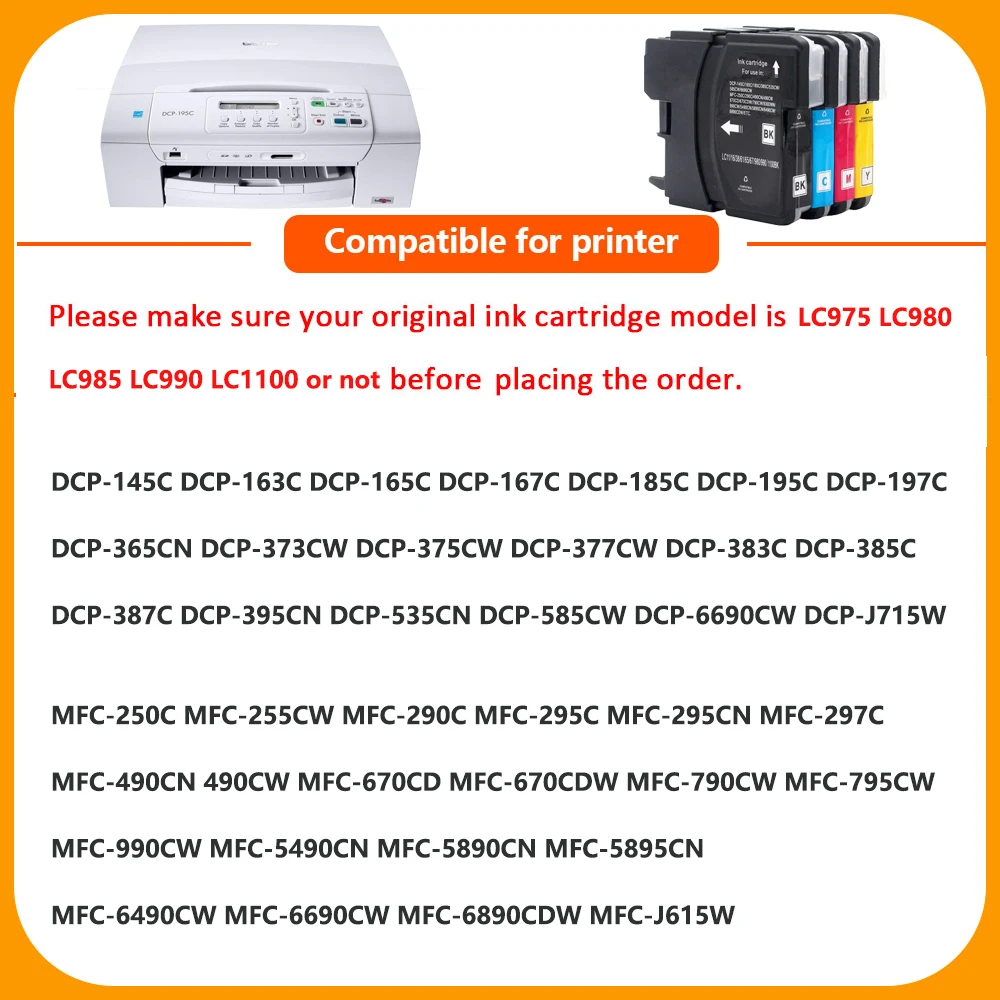 10 шт. для брата LC1100 чернила принтера LC980 LC985 LC990 MFC-250C 255CW 790CW 6490CW DCP-165C 167C 185C 195C DCP-365CN