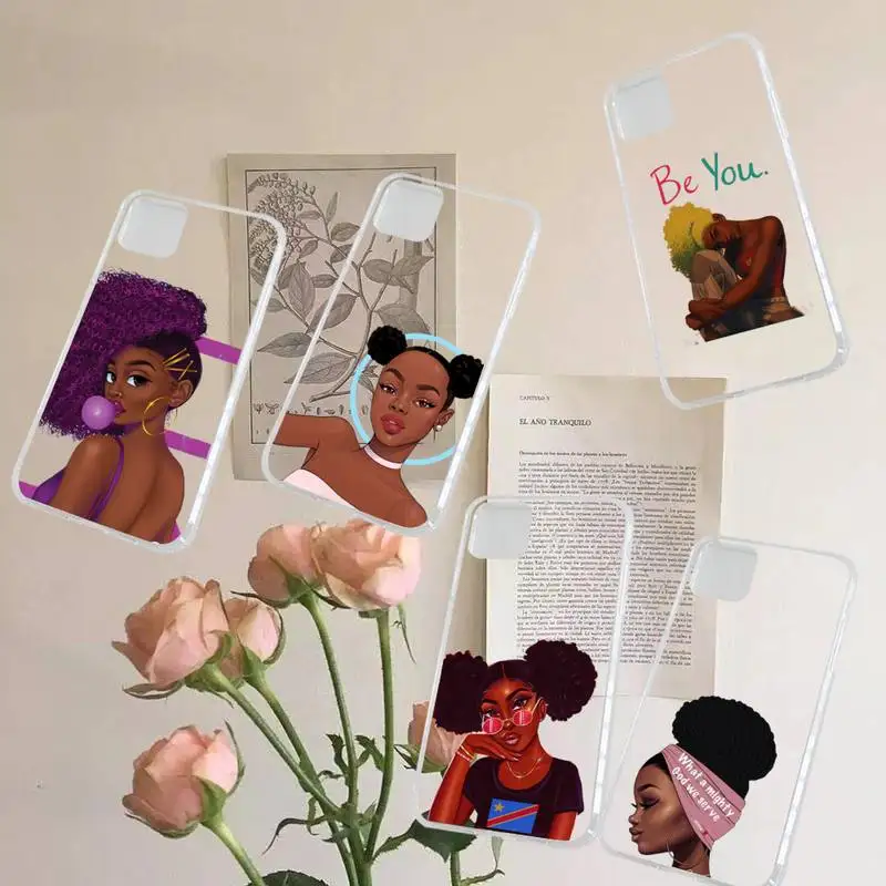 

Fashion Black Girls Phone Case Transparent for iPhone 7 8 11 12 13 s mini pro X XS XR MAX Plus