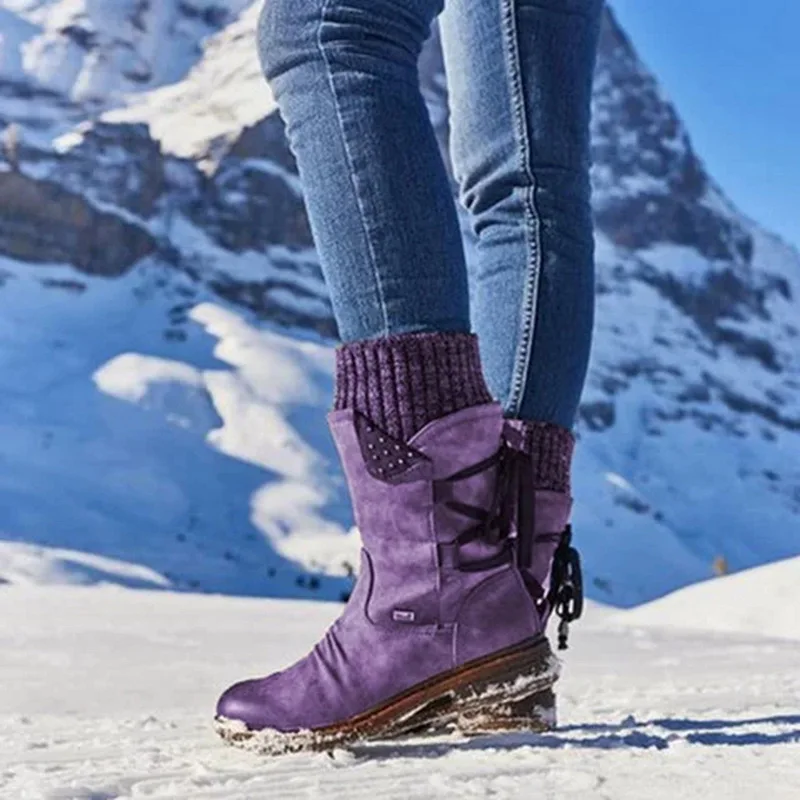 Women Boots Fashion Autumn PU Mid-Calf Boots With Back Lace-up Boots Solid Color Low Heels Shoes Botas Mujer Dropship