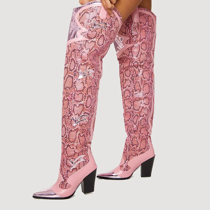 

Over Knee Boots 2021 New European And American Style Fashion Sexy Snake Pattern Pointed Toe Thick Heel Fashion Knight Women's