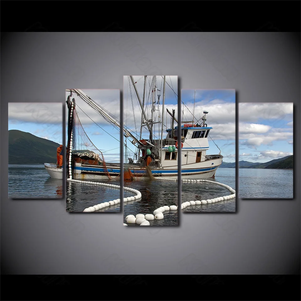 

Nostalgia Style Mural Canvas Paintings Bed Home Decor Prints 5 Pieces Sea Fishing Boat Decoration Living Room Wall Fresco