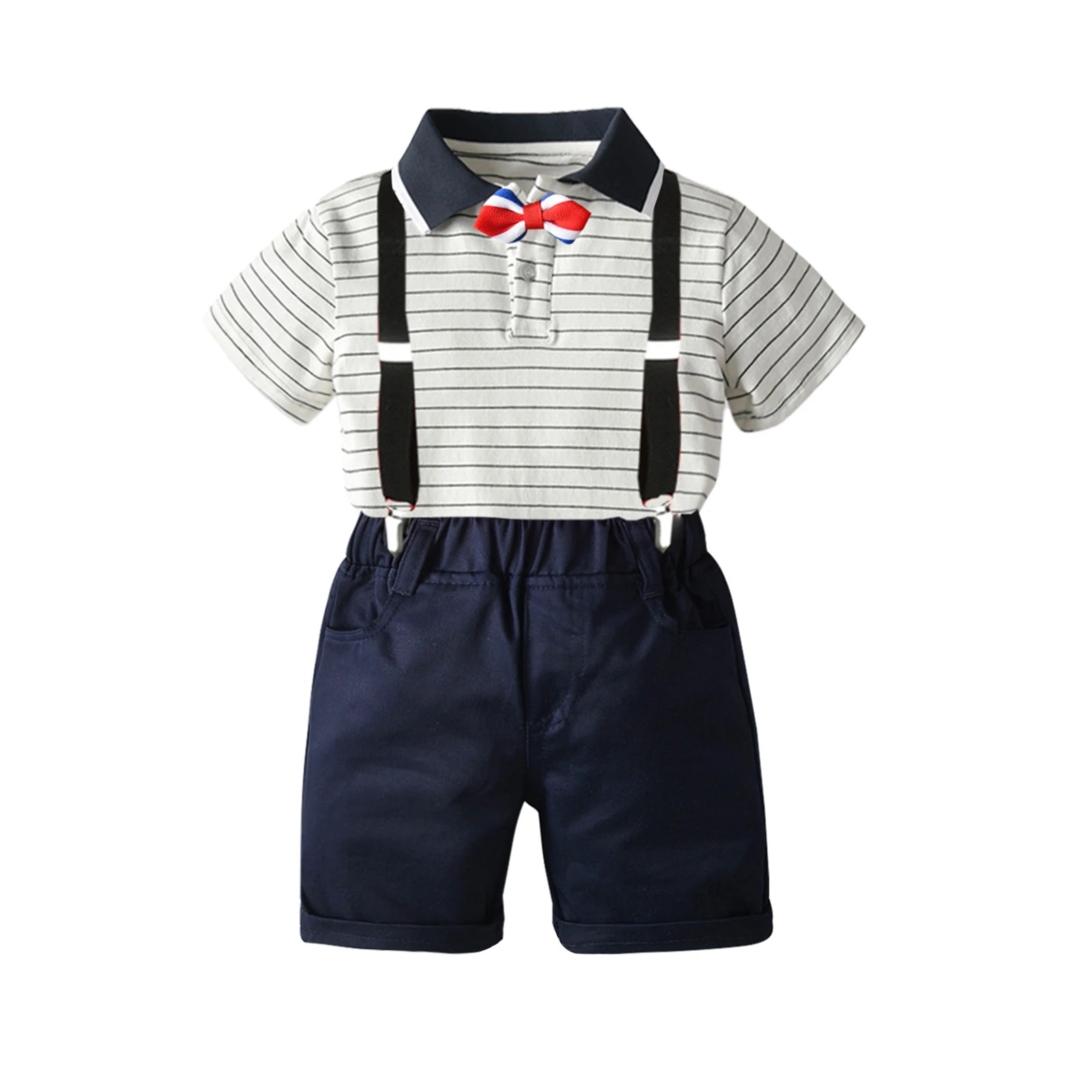 

Baby Boys Casual Four-piece Clothes Set, White Short Sleeve Shirt + Shorts + Suspender + Bow Tie
