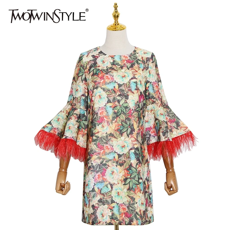 

TWOTWINSTYLE Printed Patchwork Feather Women Dress O Neck Flare Sleeve High Waist Midi Dresses Female Fashion New Clothes 2020