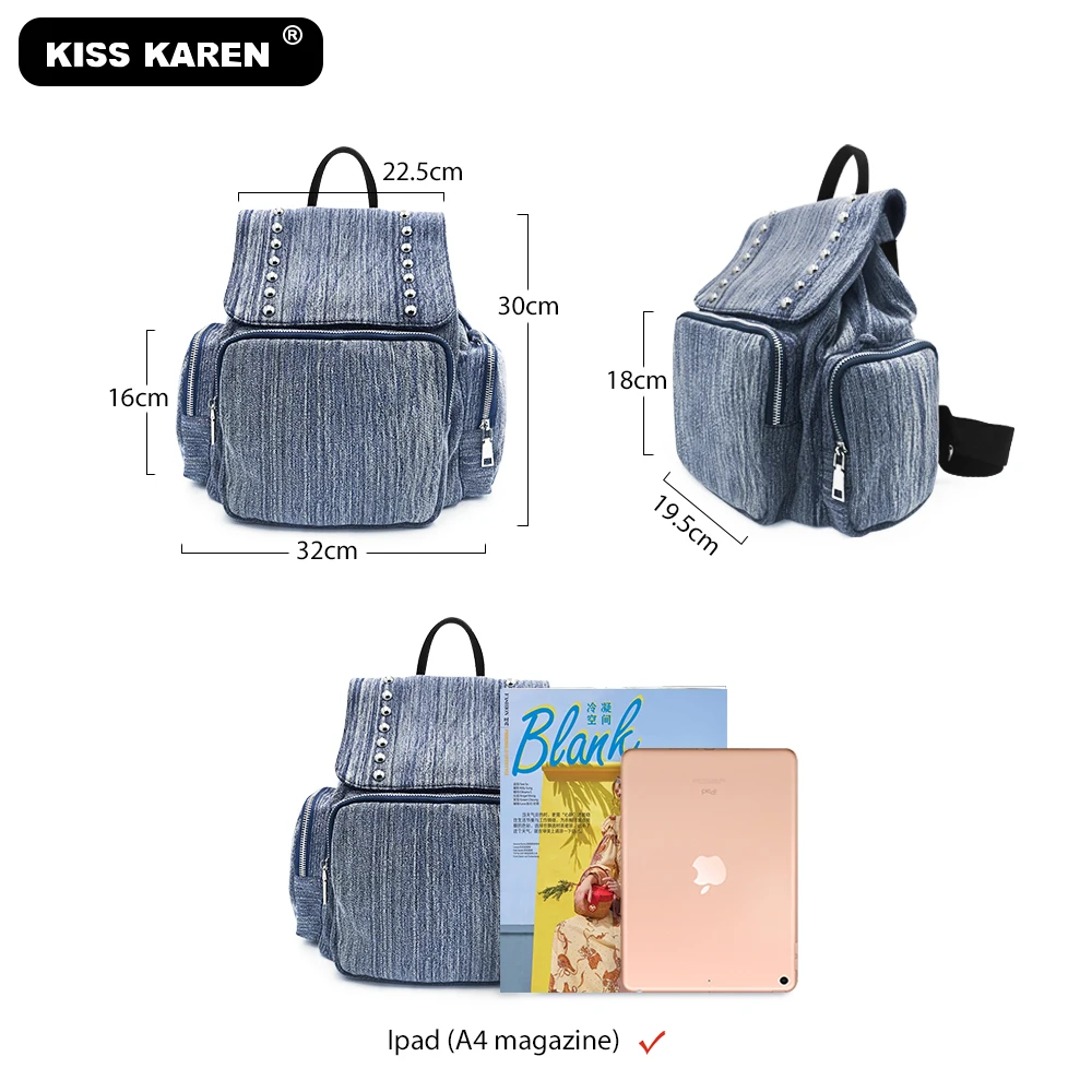 Casual Fashion Women's Backpacks with Rock Rivets Jeans Denim Travel Bags Studded Drawstring | Багаж и сумки
