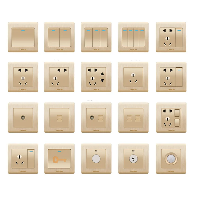

86mm Golden Wall Switch Socket Panel Porous Power Light Switch Control Socket Brushed Electrical Accessories Free Shipping