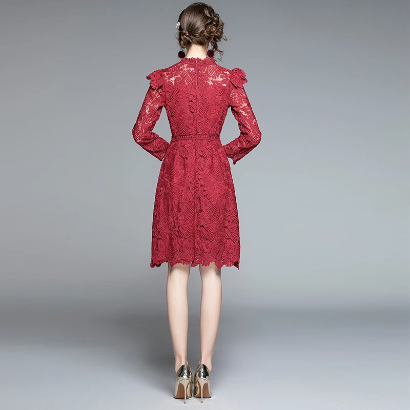 

Lace Dress Women Spring Long Sleeve Ruffle Knee Length Elegant Vintage Dress Woman Clothing Vestidos