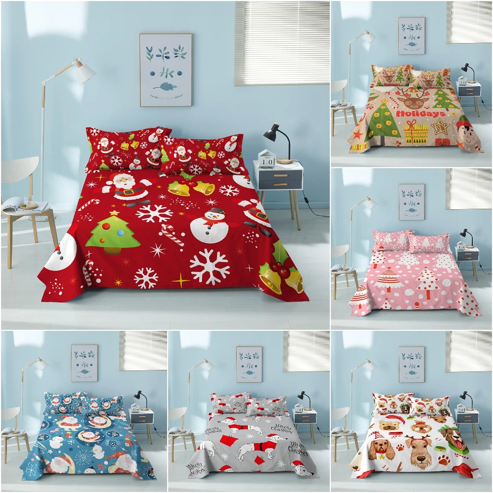 

Мультяшная простыня с Санта-Клаусом, снеговиком, двуспальная Рождественская простыня с наволочкой, покрывало на кровать, Рождественский Де...