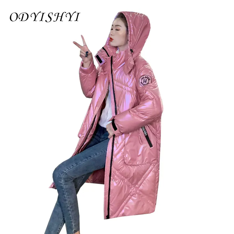

Large Size Loose Warm Outwear Winter 2021 New Women's Fashion Shiny Coat Mid-length Down Cotton Jacket Hooded Parkas DH260