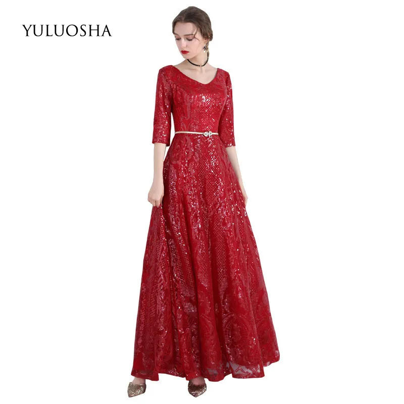 YULUOSHA модное сексуальное красное вечернее платье до пола с V образным вырезом