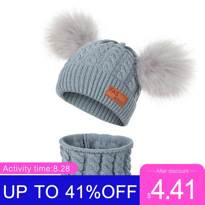 Новая детская зимняя шапка вязаная для мальчиков и девочек с шариками на двухцветном модном шарфе осенью.