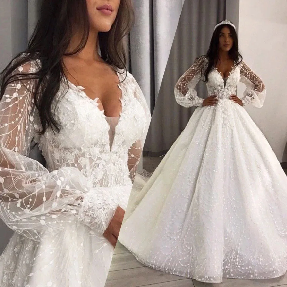 

Luxury Dubai Corset Lace Up Back Wedding Gowns Lace Puffy Long Sleeves 2021 Robe Femme Princess Bridal Turkey Bridal Dress