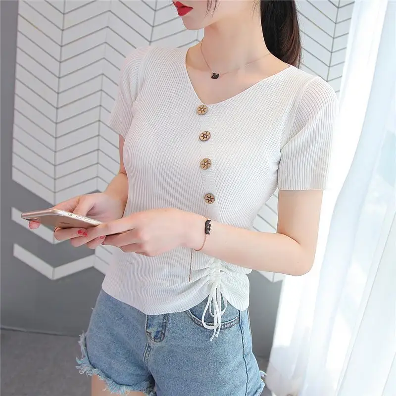 

Vintage O neck Short sleeve T-shirt 2021 New Summer T Shirt Women drawstring lace-up button pullover Slim knit shirt women