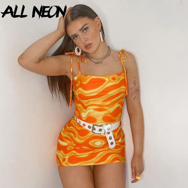 

ALLNeon 2000s Fashion Wave Print Short Cami Dresses Summer Y2K Aesthetics Bodycon Lace Up Straped Orange Mini Dress Harajuku New