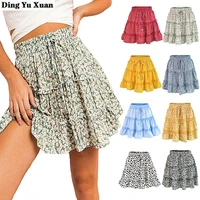 bohemian summer floral print chiifon high waist ruffles short skirts elastic waist beach a line mini skirt casual faldas mujer
