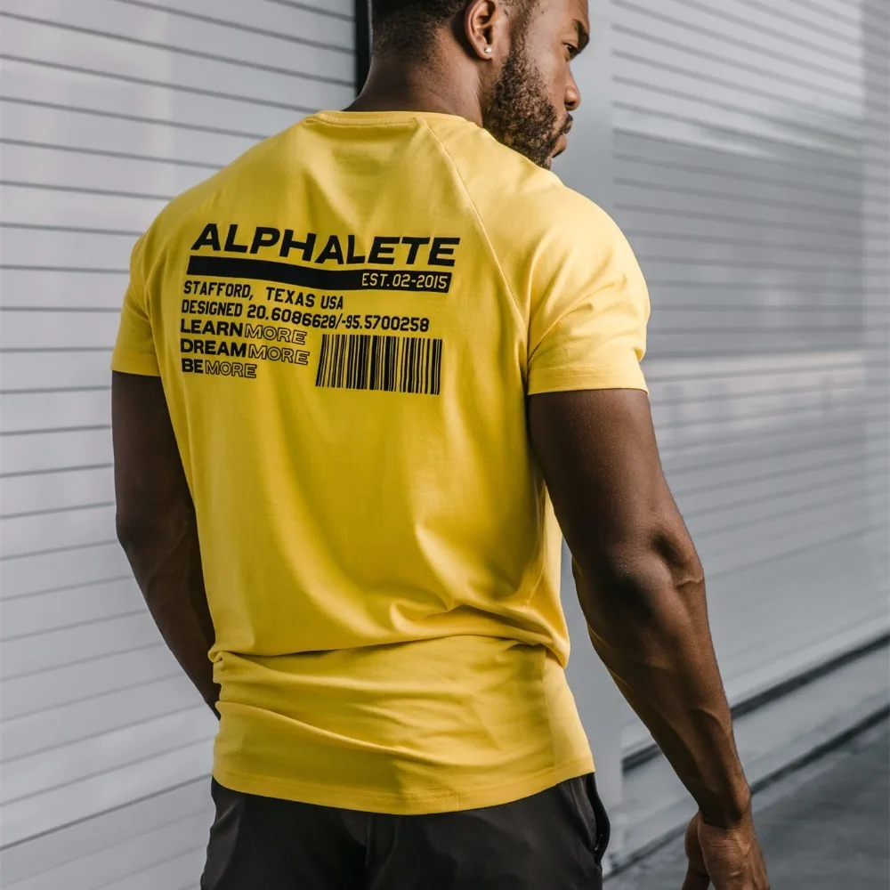 Alphalete летняя Новинка для мужчин тренажерные залы Футболка фитнес бодибилдинг