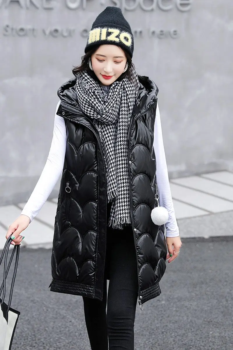 

Glossy Down Cotton Vest Women's Mid-Length Autumn And Winter 2021 New Korean Fashion Loose Waistcoat Furry Ball Jacket M190