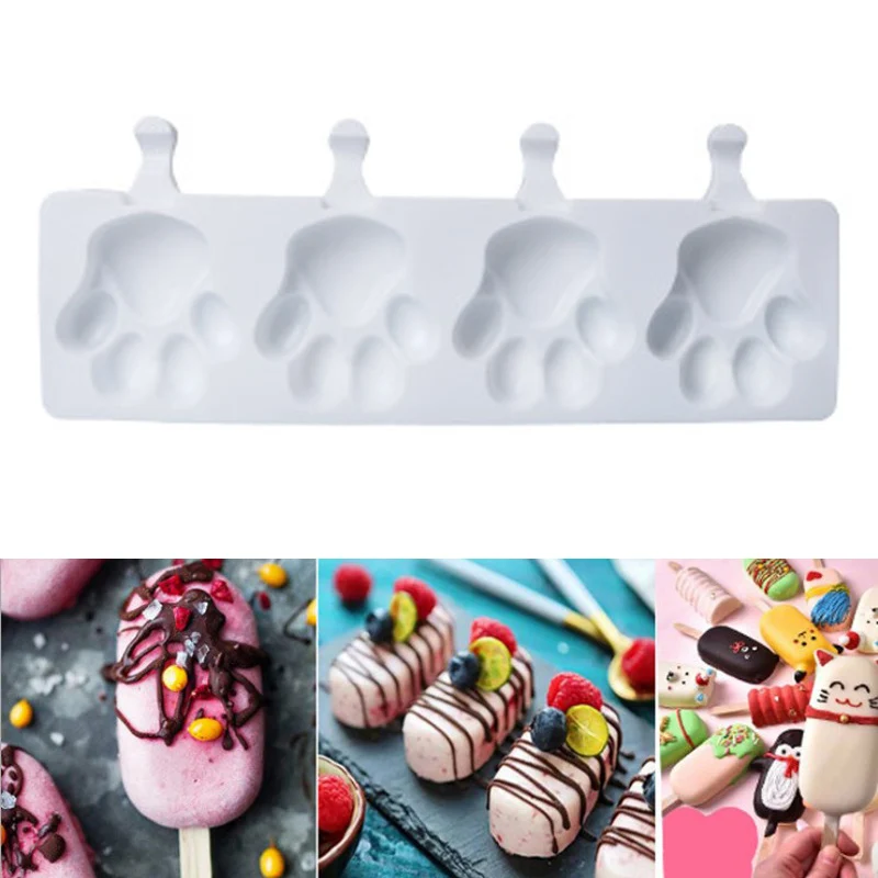 

4 Hole Bear-Shaped Paw Silicone Ice Cream Mould Ice Tray with Popsicles Stick DIY Tools For Home Kitchen FU