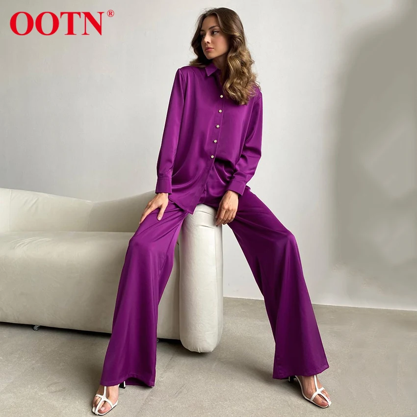 

OOTN сатиновая Повседневная рубашка с длинными рукавами и отворотом, комплект из 2 предметов, женский наряд с пуговицами Y2k, широкие брюки с эл...