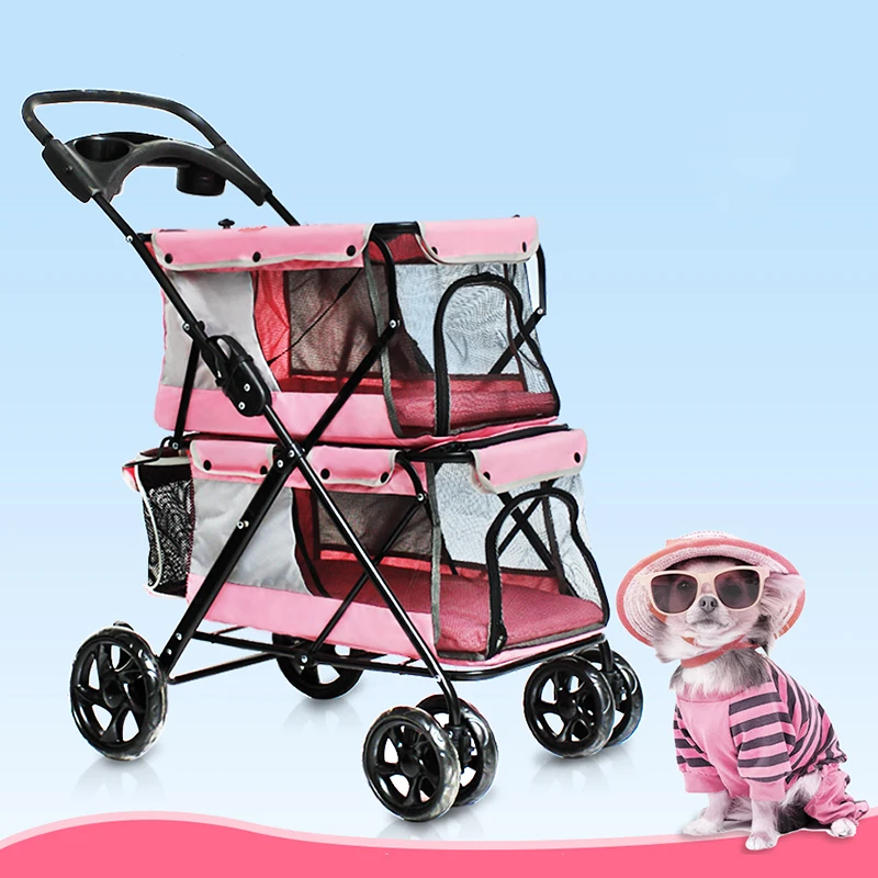 

Pink Lightweight Folding Double-Layer Pet Stroller Four Wheel Large Space Breathable Trolley Panier Pour Chien Transportin Gato