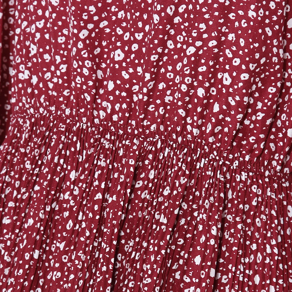 

EVERAFTER Elegant v-neck boho print dress women sexy long sleeve Elastic waist loose holiday spring summer chic bow long dresses