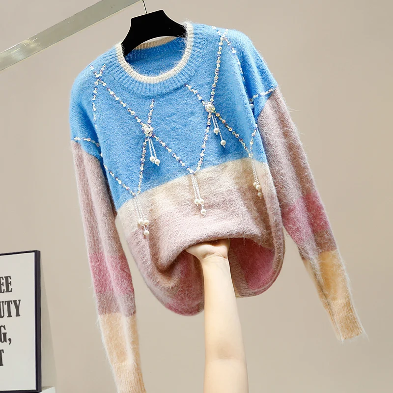 

Handmade Sequin Beaded Tassels Decorative Lazy Wind Pullover Women Contrasting Color Loose Casual Sweater Long-Sleeved Sweaters