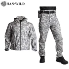 HAN WILD тактические куртки, охотничий костюм, мужская куртка с мягкой ракушкой, армейская ветрозащитная камуфляжная куртка в стиле милитари с акуловой кожей, походные куртки + брюки 5XL