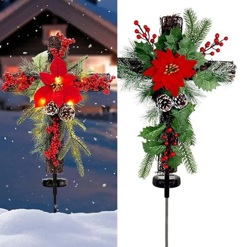 

2pcs Solar Power Christmas Ground Plug Lights Outdoor Lawn Lamp Artificial Flower LED Garden Decoration For New Year Xmas