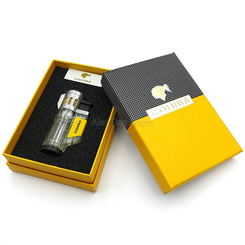 COHIBA элегантная прозрачная Зажигалка Winproof 3 Jet зажигалка факела сигарета регулируемые зажигалки для сигар