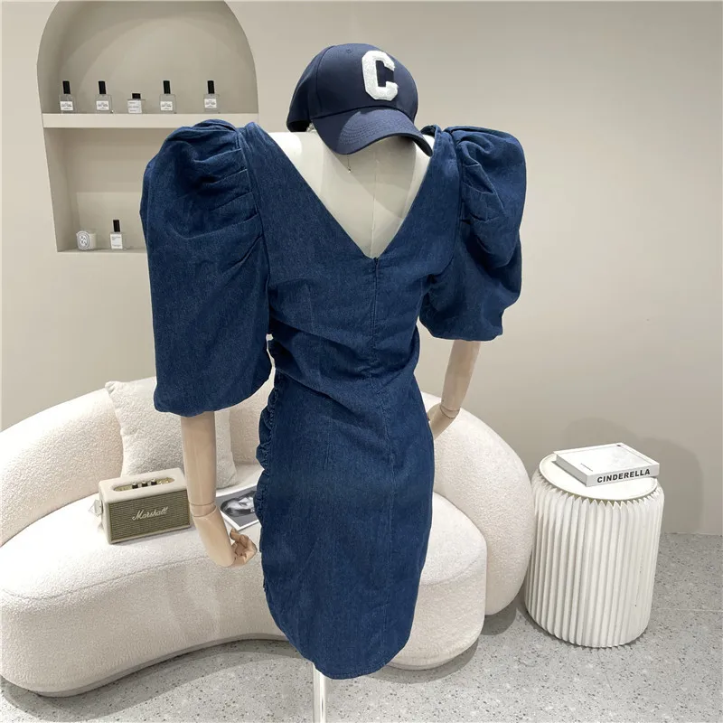 

New Women's Clothing Summer 2021 Fashion Versatile Pleats Square neck Puff sleeve Dark blue denim Dress
